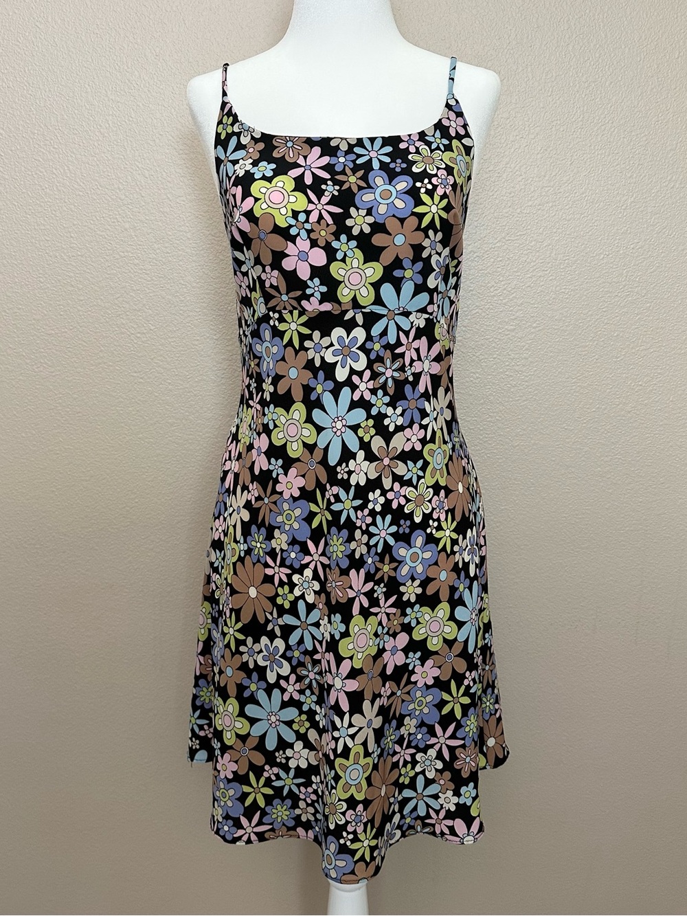 Vintage 90s Alyn Paige Black Mini Dress with Pastel Floral Print Size 11/12